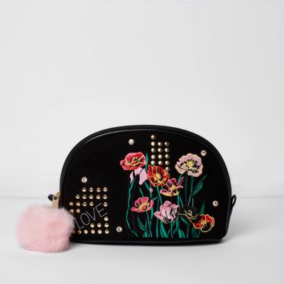 Black floral embroidered make-up bag